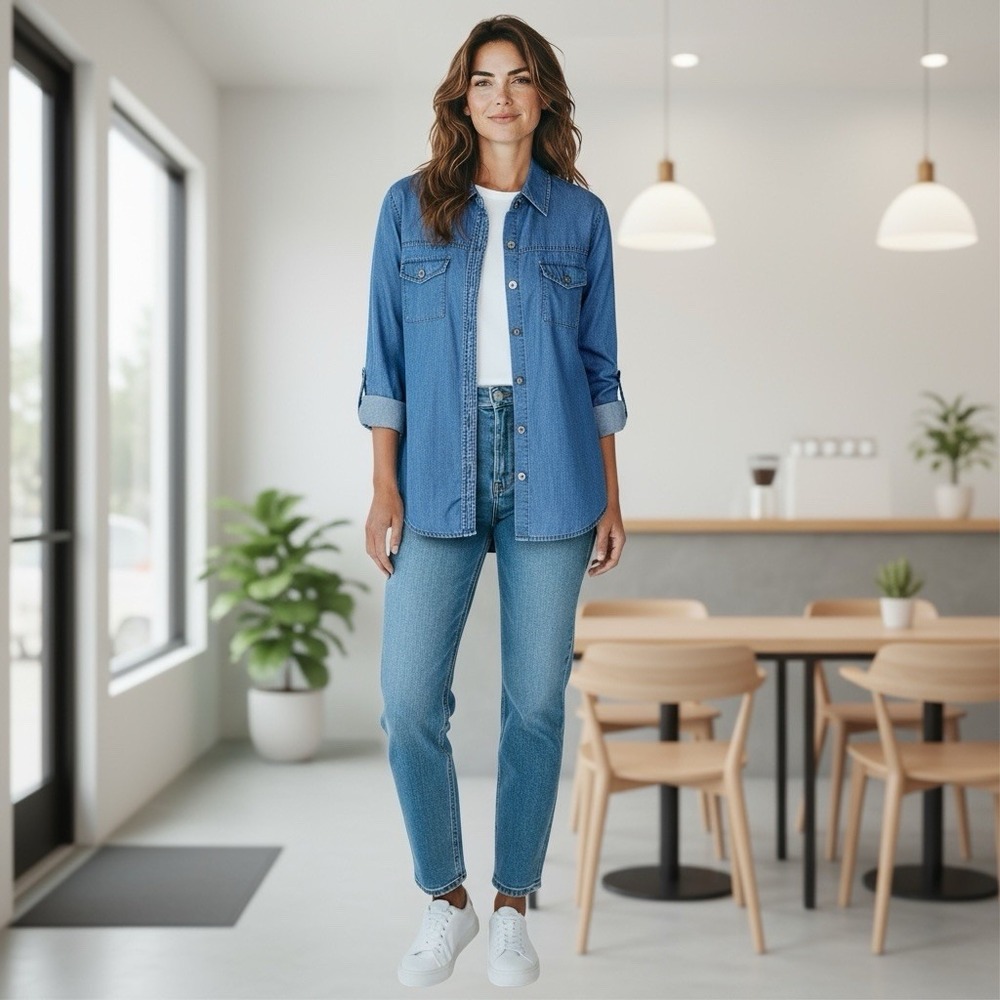 Velvet Heart Chambray Denim Blue Long Sleeve Top Women's Size Medium